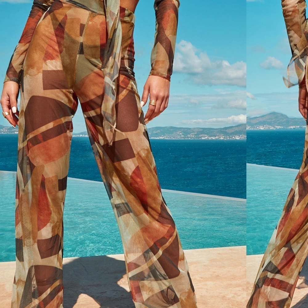 PrettyLittleThing Chocolate Abstract print wide leg mesh pants size 0